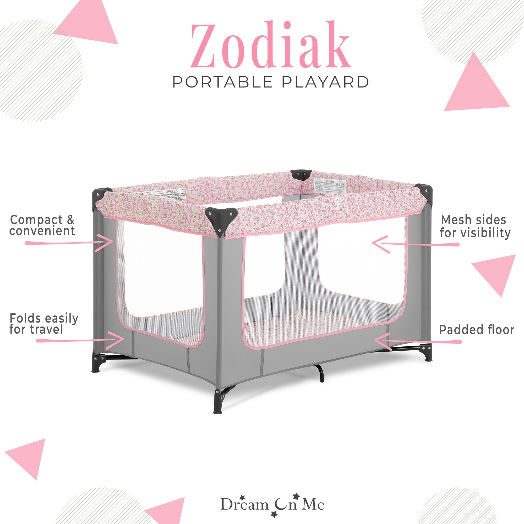 Dream on Me Zodiak Portable Playard with Carry Bag & Shoulder Strap, Grey/Pink, Unisex