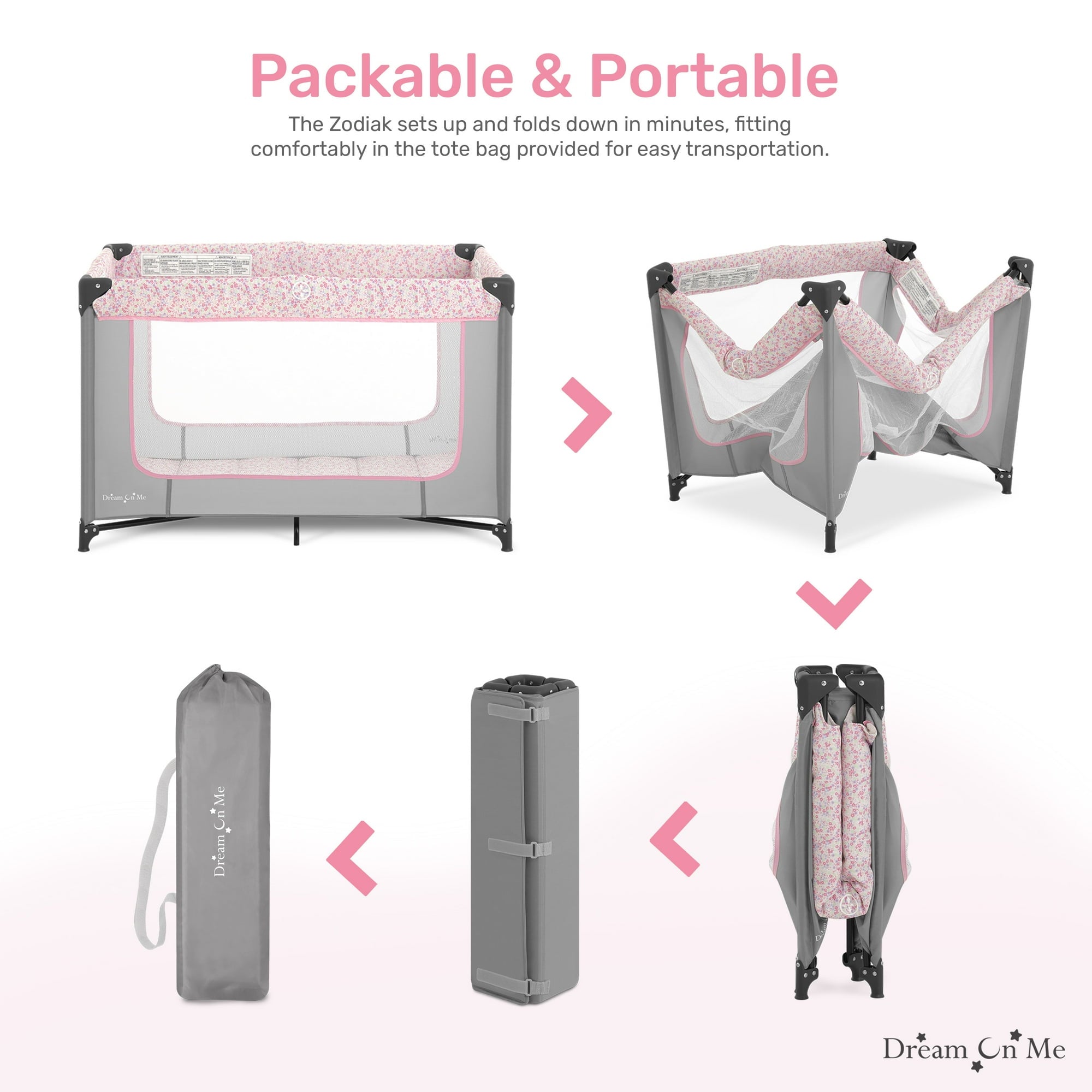 Dream on Me Zodiak Portable Playard with Carry Bag & Shoulder Strap, Grey/Pink, Unisex