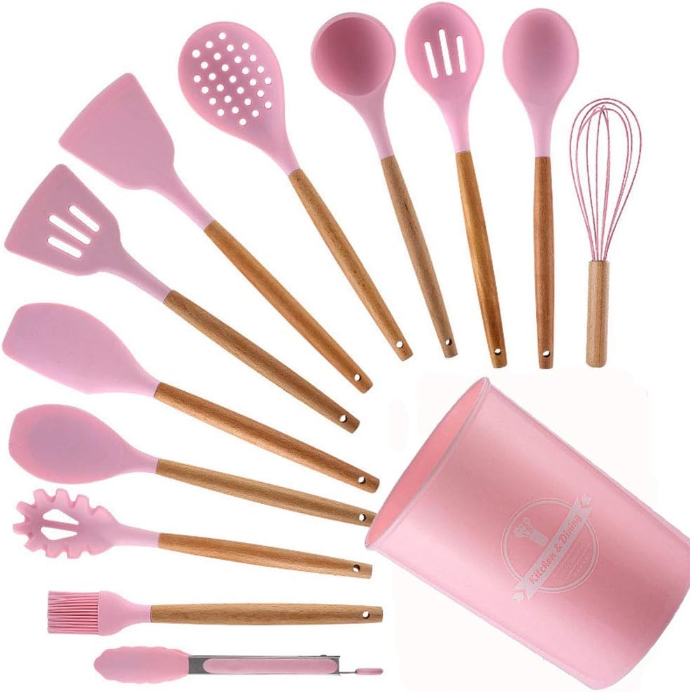 12 Pcs Silicone Cooking Utensils Set Kitchen Beige Wood Nonstick Cookware set