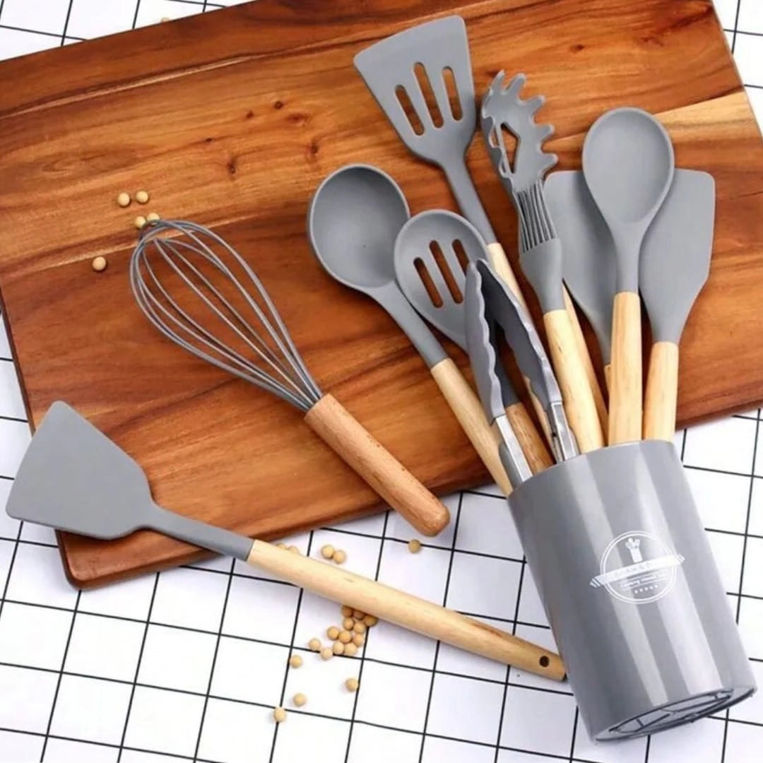 12 Pcs Silicone Cooking Utensils Set Kitchen Beige Wood Nonstick Cookware set