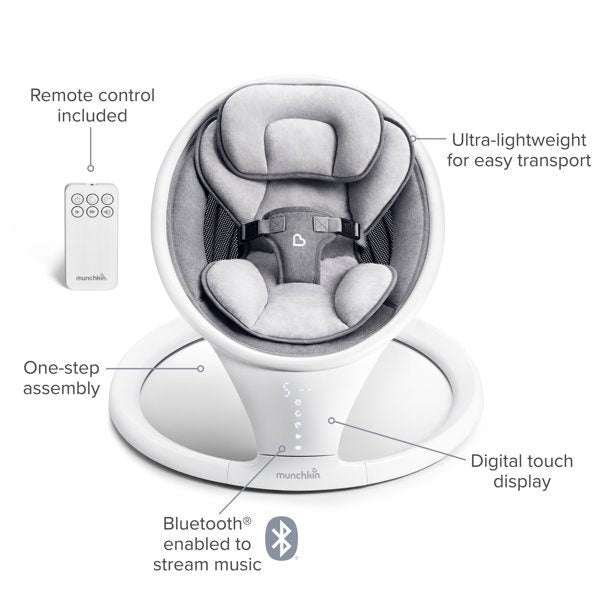 Munchkin Bluetooth Enabled Lightweight Baby Swing with Natural Sway in 5 Ranges of Motion, Includes Remote Control