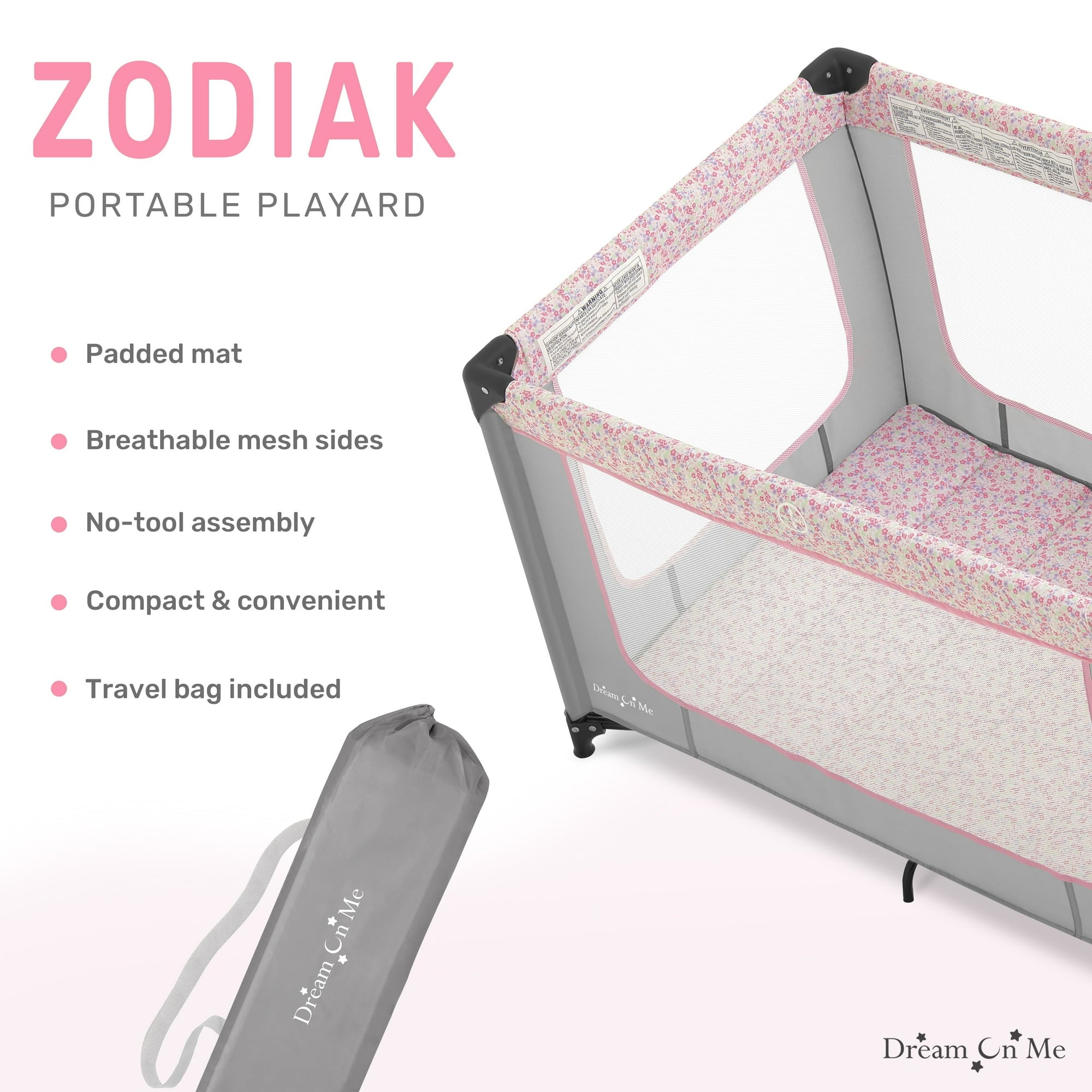 Dream on Me Zodiak Portable Playard with Carry Bag & Shoulder Strap, Grey/Pink, Unisex