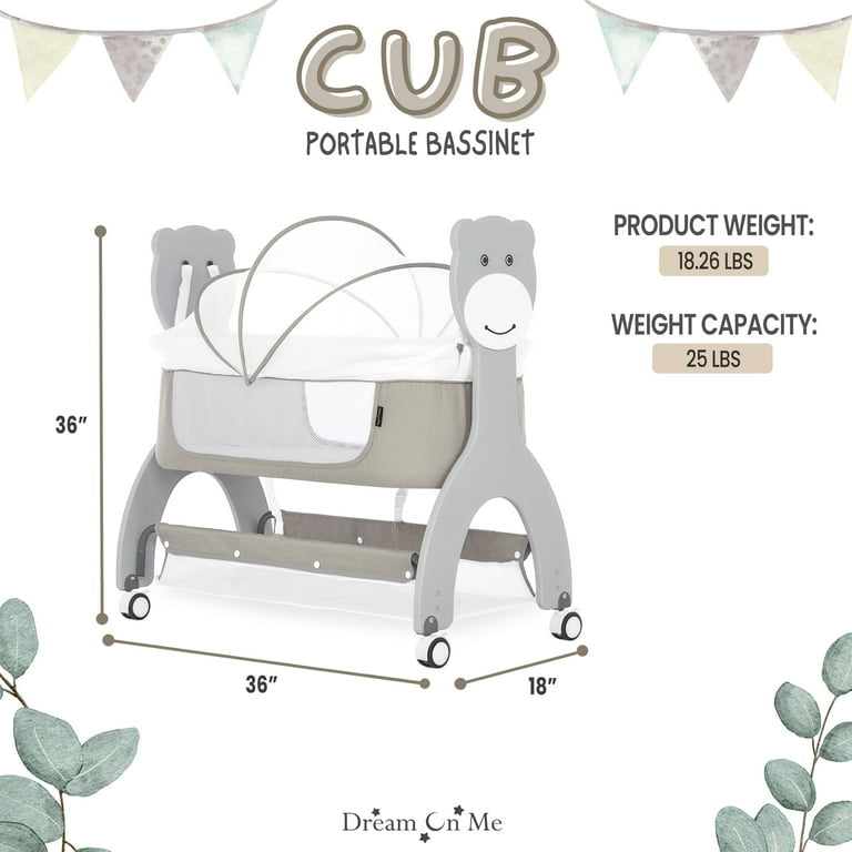 Dream on Me Cub Portable Bassinet in Grey, Multi-Use Baby Bassinet with Locking Wheels