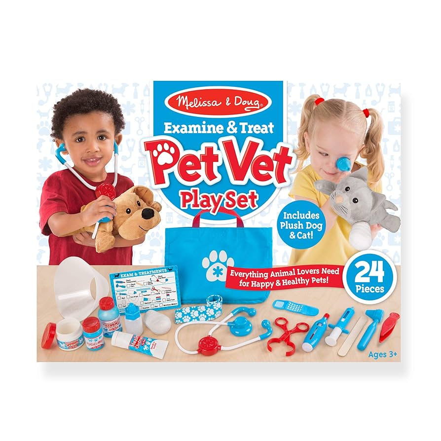 Melissa & Doug Examine and Treat Pet Vet Pretend Play Set with Plush Dog and Cat (24 Pcs) Kids Veterinary Play Set, Veterinarian Kit for Kids, STEAM Toy, Pretend Doctor for Ages 3+