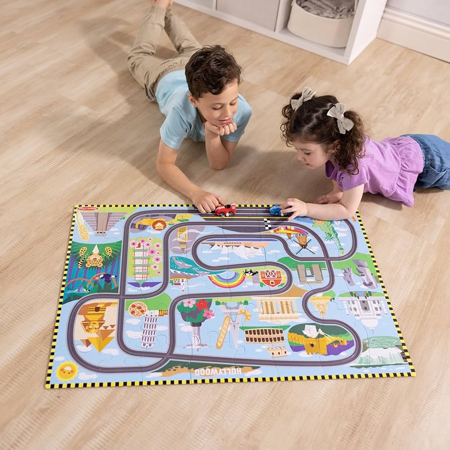 Melissa & Doug Race Around The World Tracks Cardboard Jigsaw Floor Puzzle and Wind-Up Vehicles – 48 Pieces, for Boys and Girls 4+ - FSC-Certified Materials