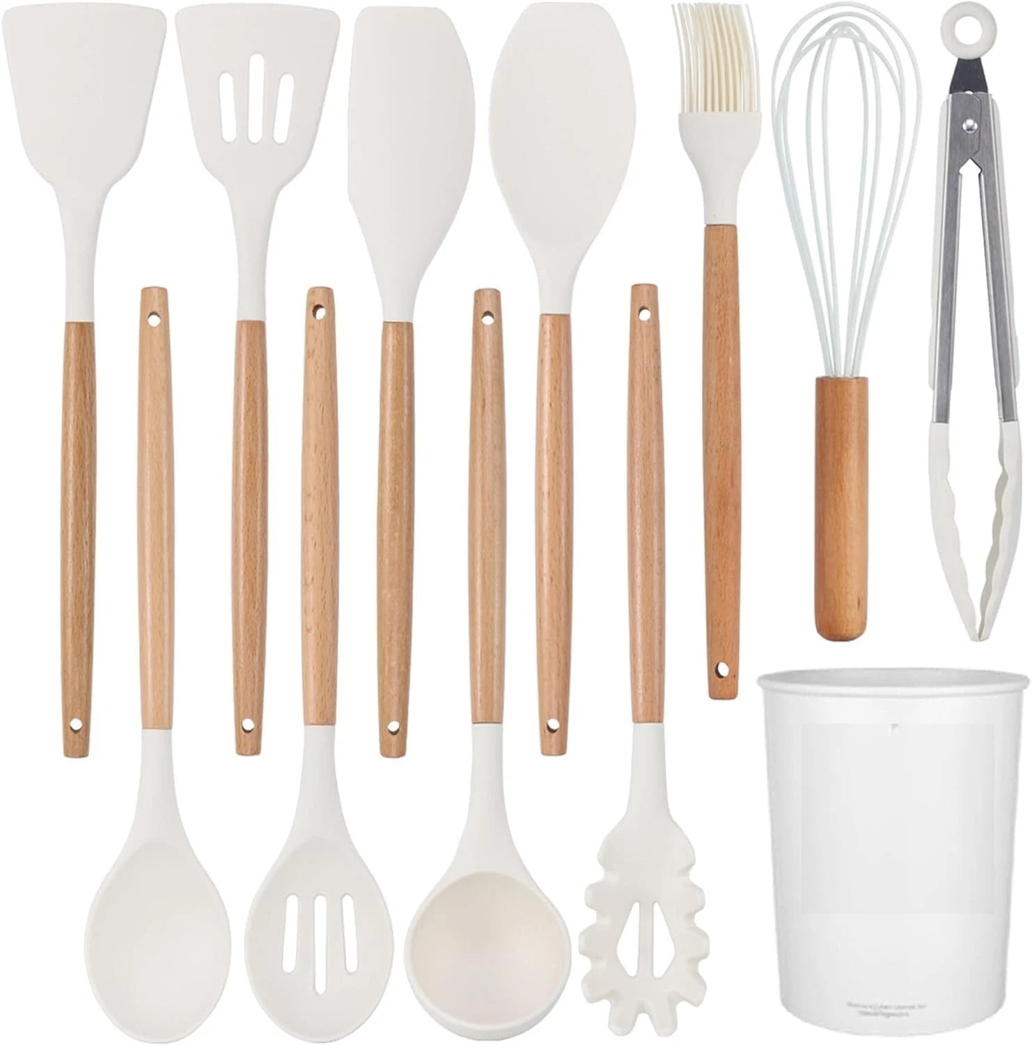 12 Pcs Silicone Cooking Utensils Set Kitchen Beige Wood Nonstick Cookware set