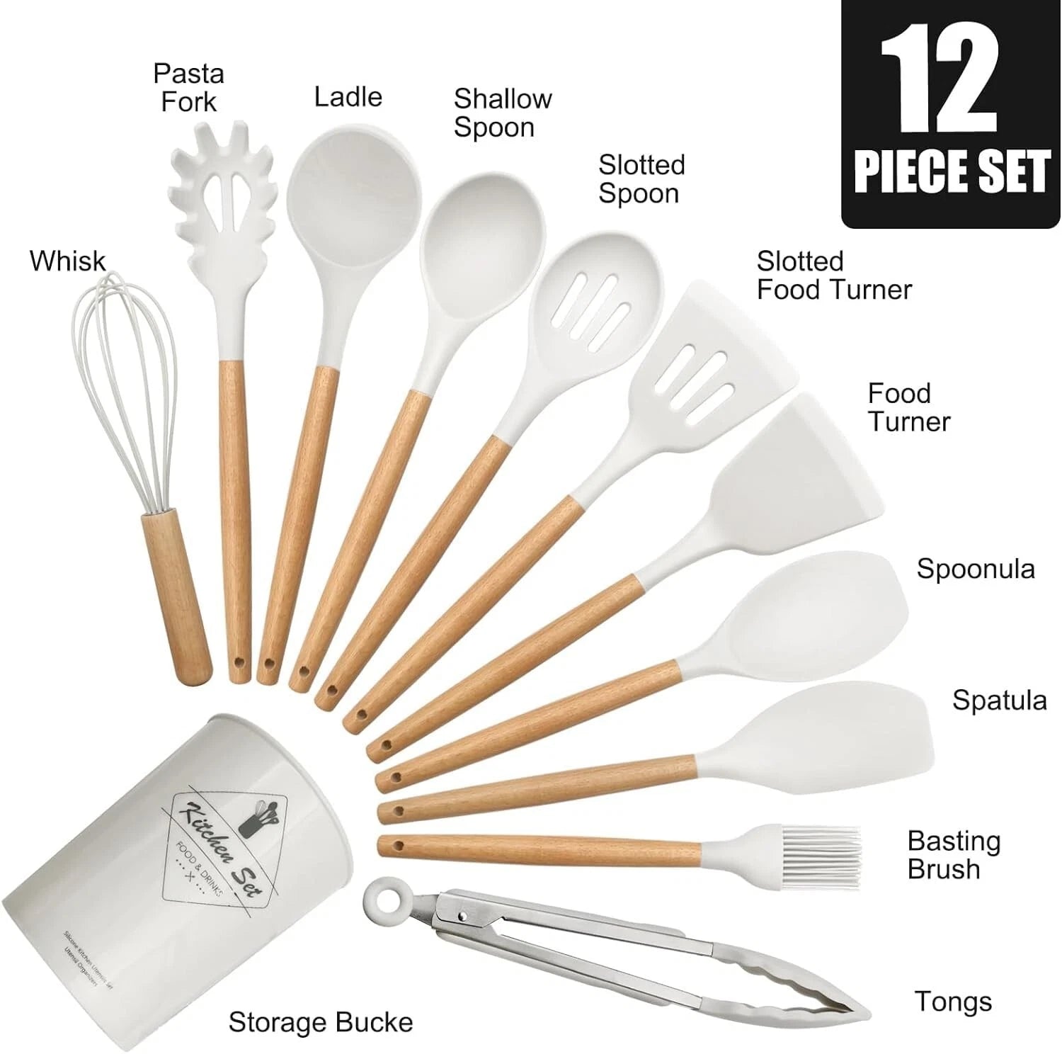 12 Pcs Silicone Cooking Utensils Set Kitchen Beige Wood Nonstick Cookware set