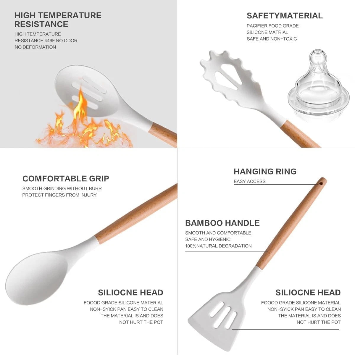 12 Pcs Silicone Cooking Utensils Set Kitchen Beige Wood Nonstick Cookware set