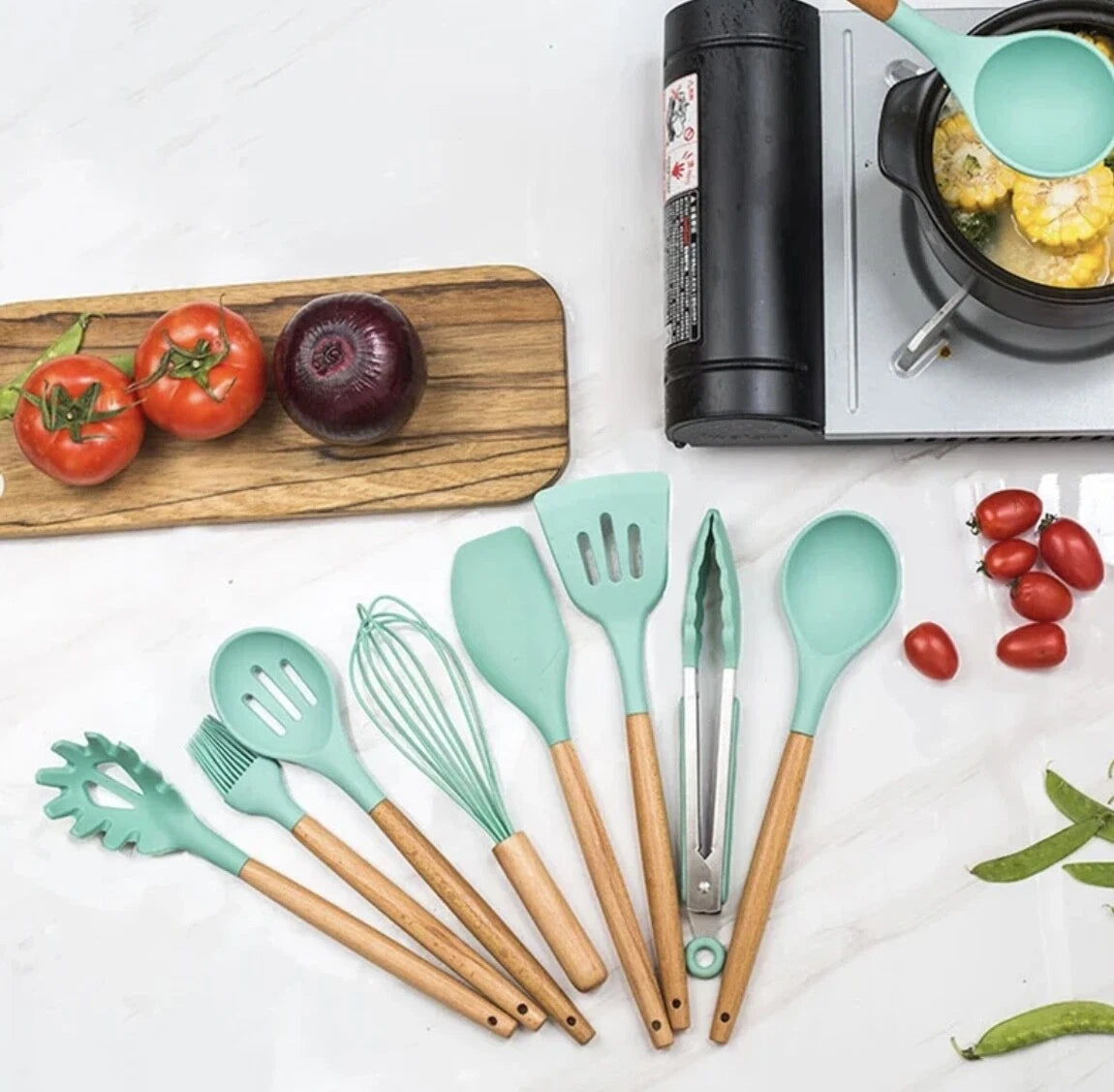 12 Pcs Silicone Cooking Utensils Set Kitchen Beige Wood Nonstick Cookware set