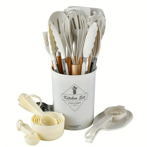 Brodark 34pcs/set Wooden Handle Silicone Kitchenware Set Kitchen Baking Cooking Tools Set High Temperature Resistant Non-stick Pot Special Kitchenware Kitchen Stuff Baking Supp