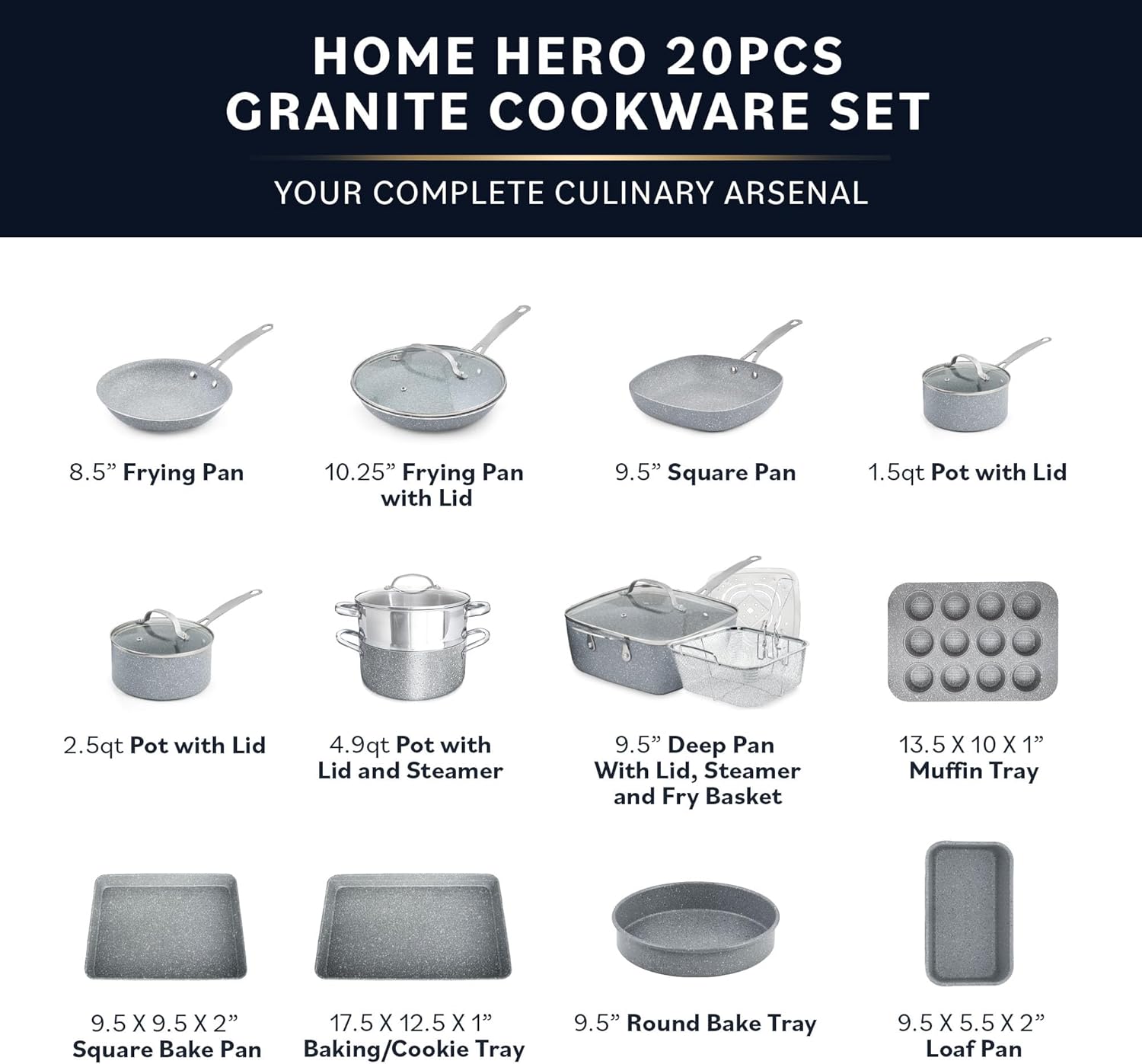 Home Hero Pots and Pans Set Non Stick - Induction Compatible Kitchen Cookware Sets + Bakeware Sets - Non Stick, PFOA Free, Oven Safe Pot and Pan Set Nonstick (20 Pcs - Granite)