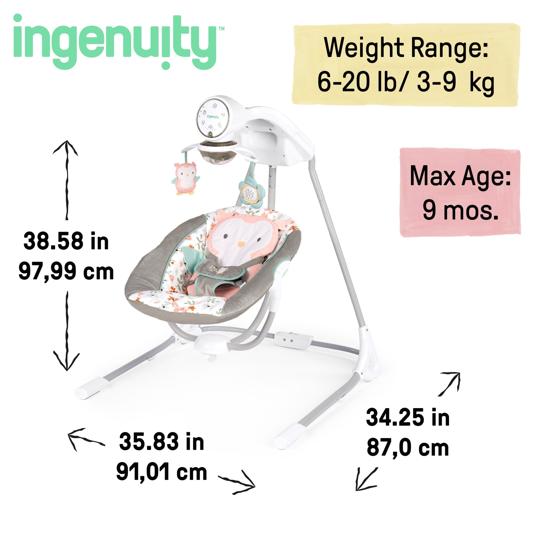 Ingenuity InLighten 5-Speed Baby Swing with Swivel Infant Seat and Light-up Mobile