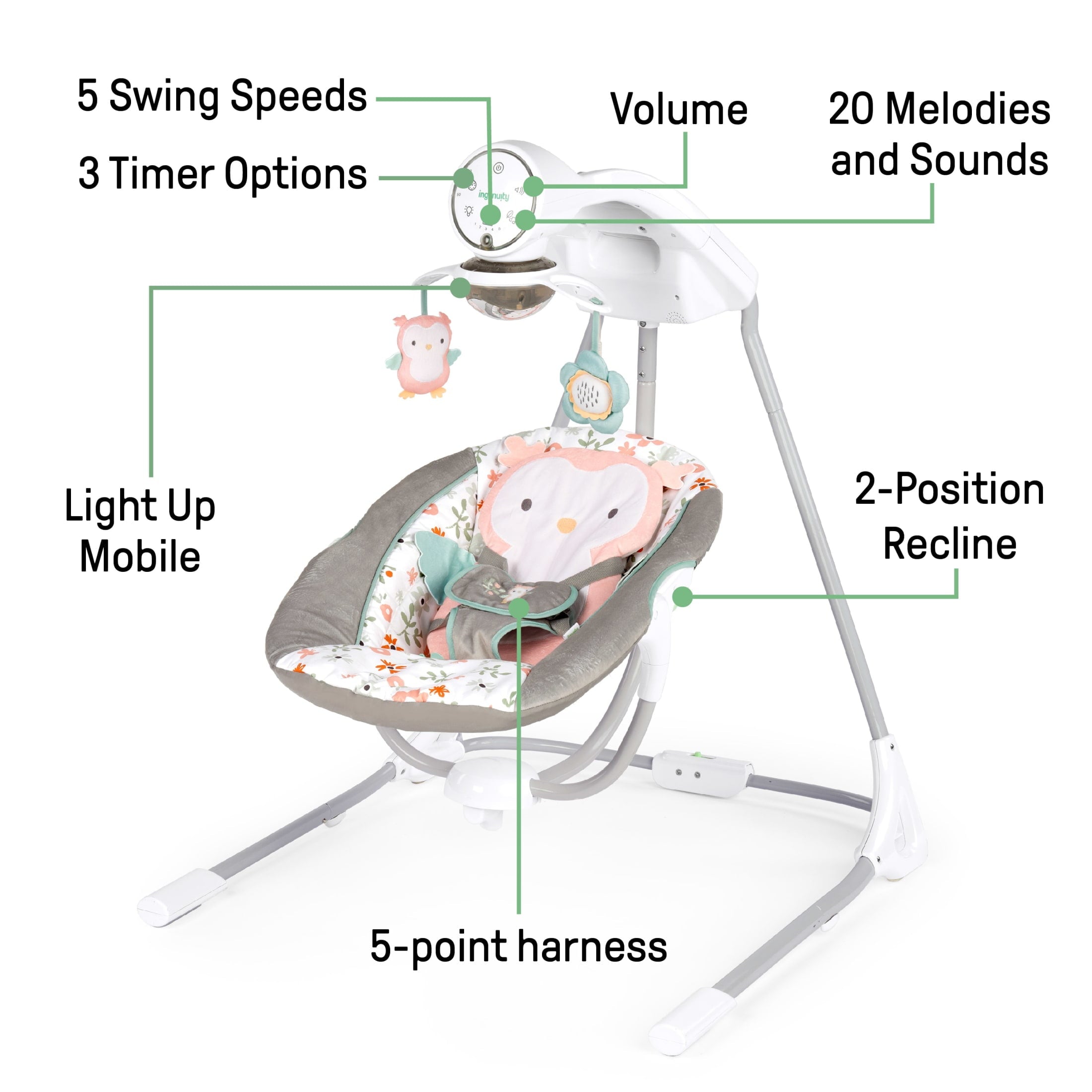 Ingenuity InLighten 5-Speed Baby Swing with Swivel Infant Seat and Light-up Mobile