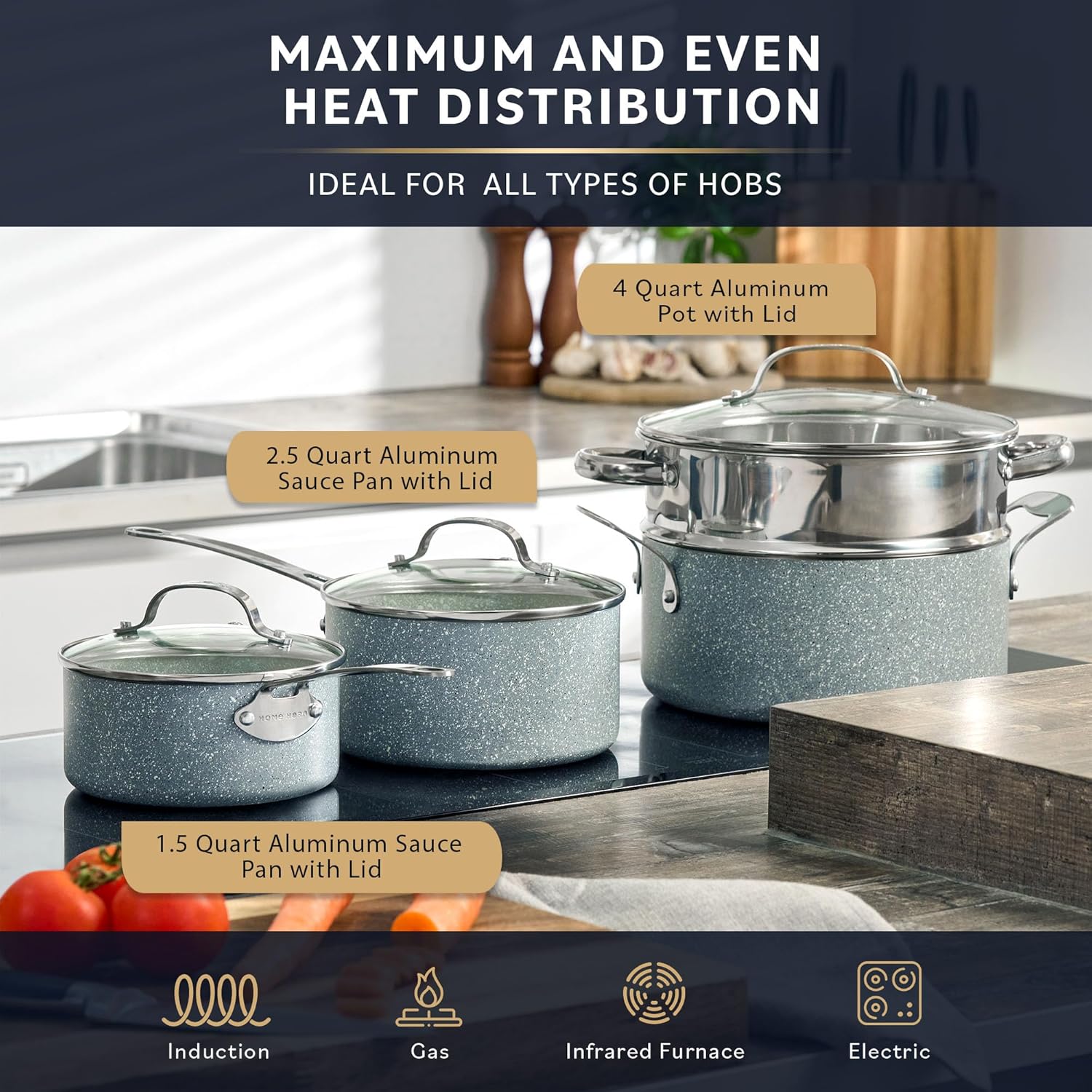 Home Hero Pots and Pans Set Non Stick - Induction Compatible Kitchen Cookware Sets + Bakeware Sets - Non Stick, PFOA Free, Oven Safe Pot and Pan Set Nonstick (20 Pcs - Granite)