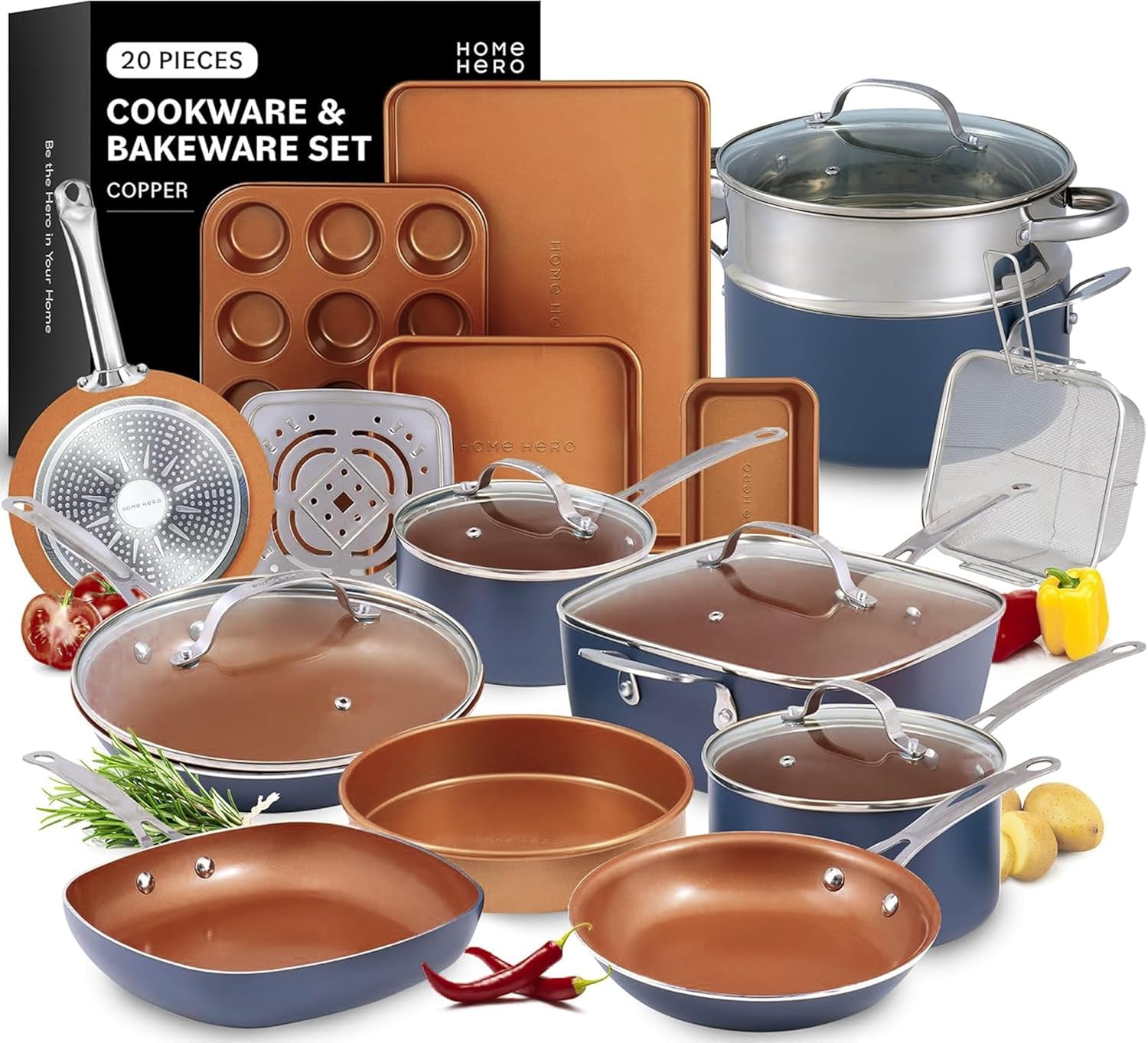 Home Hero Pots and Pans Set Non Stick - Induction Compatible Kitchen Cookware Sets + Bakeware Sets - Non Stick, PFOA Free, Oven Safe Pot and Pan Set Nonstick (20 Pcs - Copper)