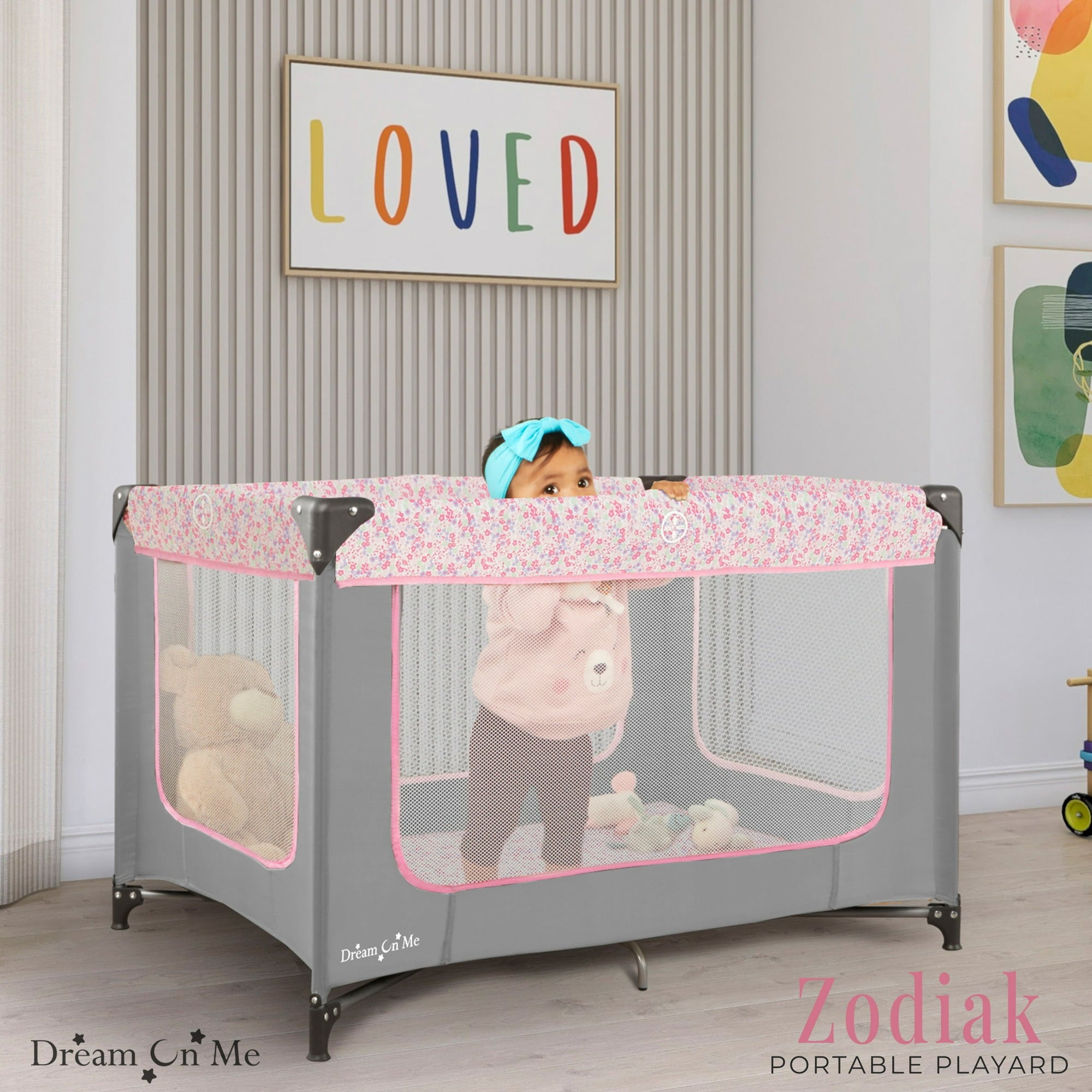 Dream on Me Zodiak Portable Playard with Carry Bag & Shoulder Strap, Grey/Pink, Unisex