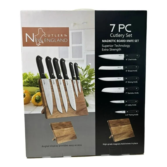 New England Cutlery Magnetic Board 7pc Knife Set with Black Handle