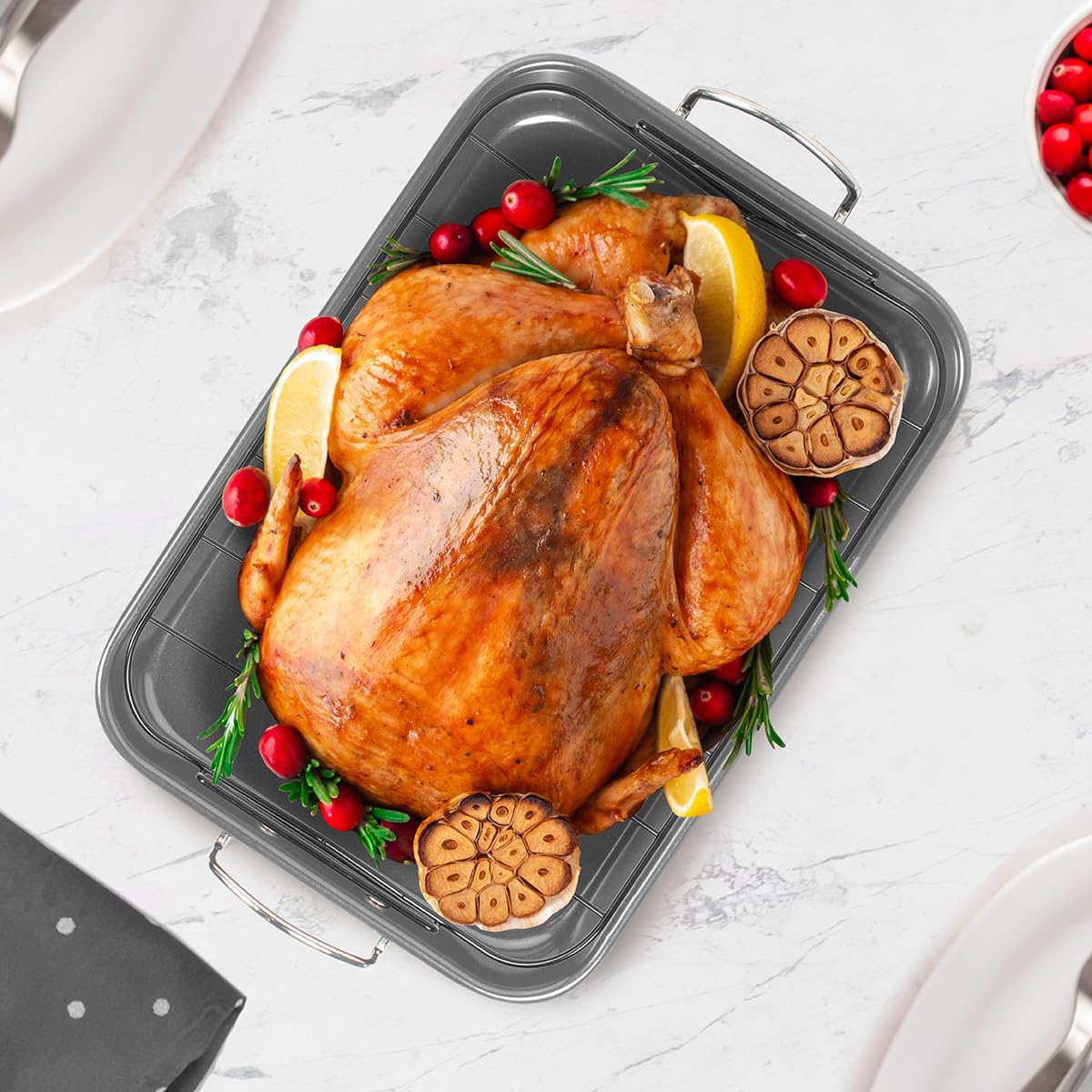Glad Roasting Pan Nonstick 11x15 - Heavy Duty Metal Bakeware Dish with Rack