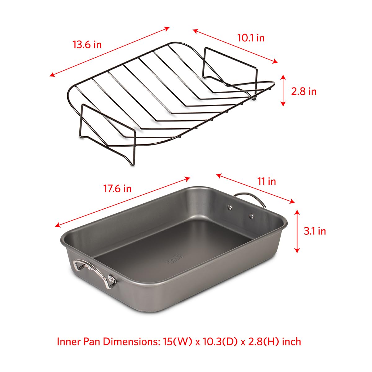 Glad Roasting Pan Nonstick 11x15 - Heavy Duty Metal Bakeware Dish with Rack