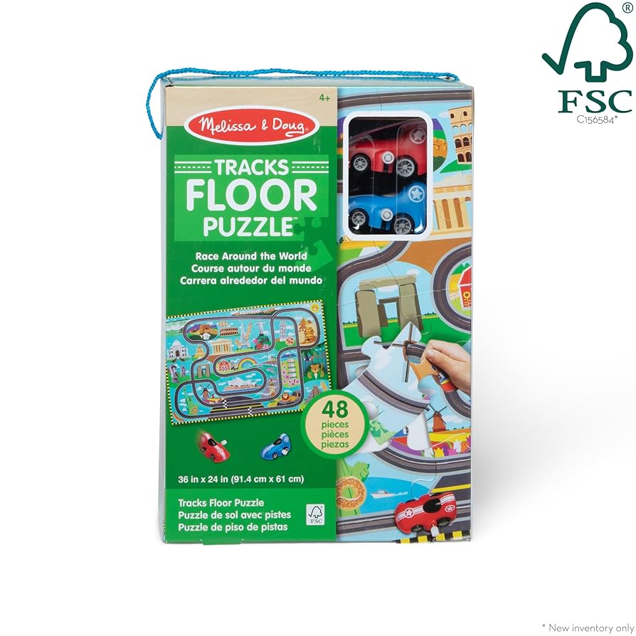 Melissa & Doug Race Around The World Tracks Cardboard Jigsaw Floor Puzzle and Wind-Up Vehicles – 48 Pieces, for Boys and Girls 4+ - FSC-Certified Materials
