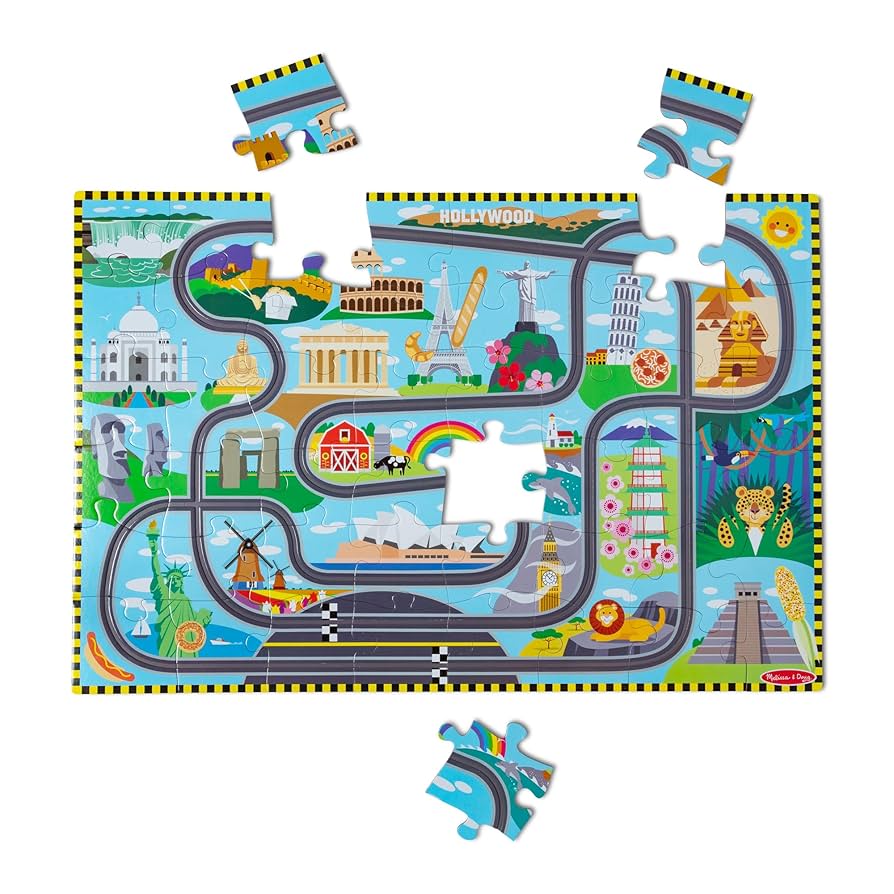 Melissa & Doug Race Around The World Tracks Cardboard Jigsaw Floor Puzzle and Wind-Up Vehicles – 48 Pieces, for Boys and Girls 4+ - FSC-Certified Materials