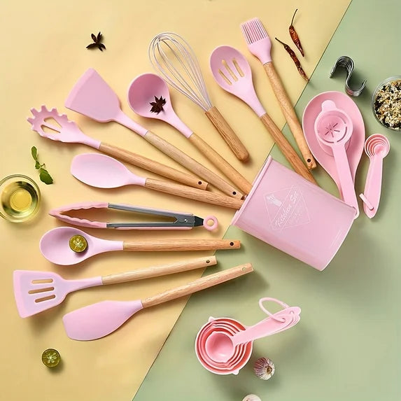 Brodark 34pcs/set Wooden Handle Silicone Kitchenware Set Kitchen Baking Cooking Tools Set High Temperature Resistant Non-stick Pot Special Kitchenware Kitchen Stuff Baking Supp