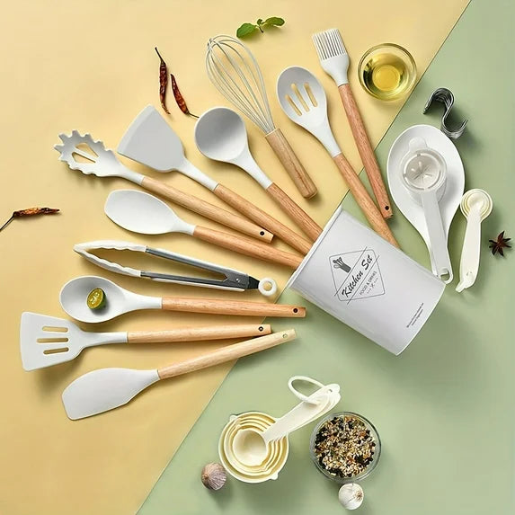 Brodark 34pcs/set Wooden Handle Silicone Kitchenware Set Kitchen Baking Cooking Tools Set High Temperature Resistant Non-stick Pot Special Kitchenware Kitchen Stuff Baking Supp