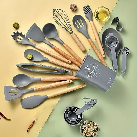 Brodark 34pcs/set Wooden Handle Silicone Kitchenware Set Kitchen Baking Cooking Tools Set High Temperature Resistant Non-stick Pot Special Kitchenware Kitchen Stuff Baking Supp
