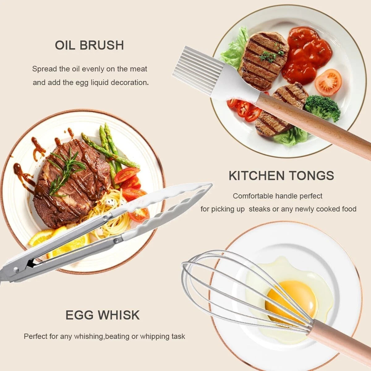 12 Pcs Silicone Cooking Utensils Set Kitchen Beige Wood Nonstick Cookware set